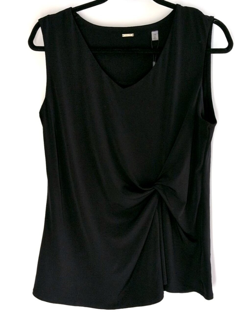 T Tahari black twist draped v-neck knit tank L sleeveless NWT office